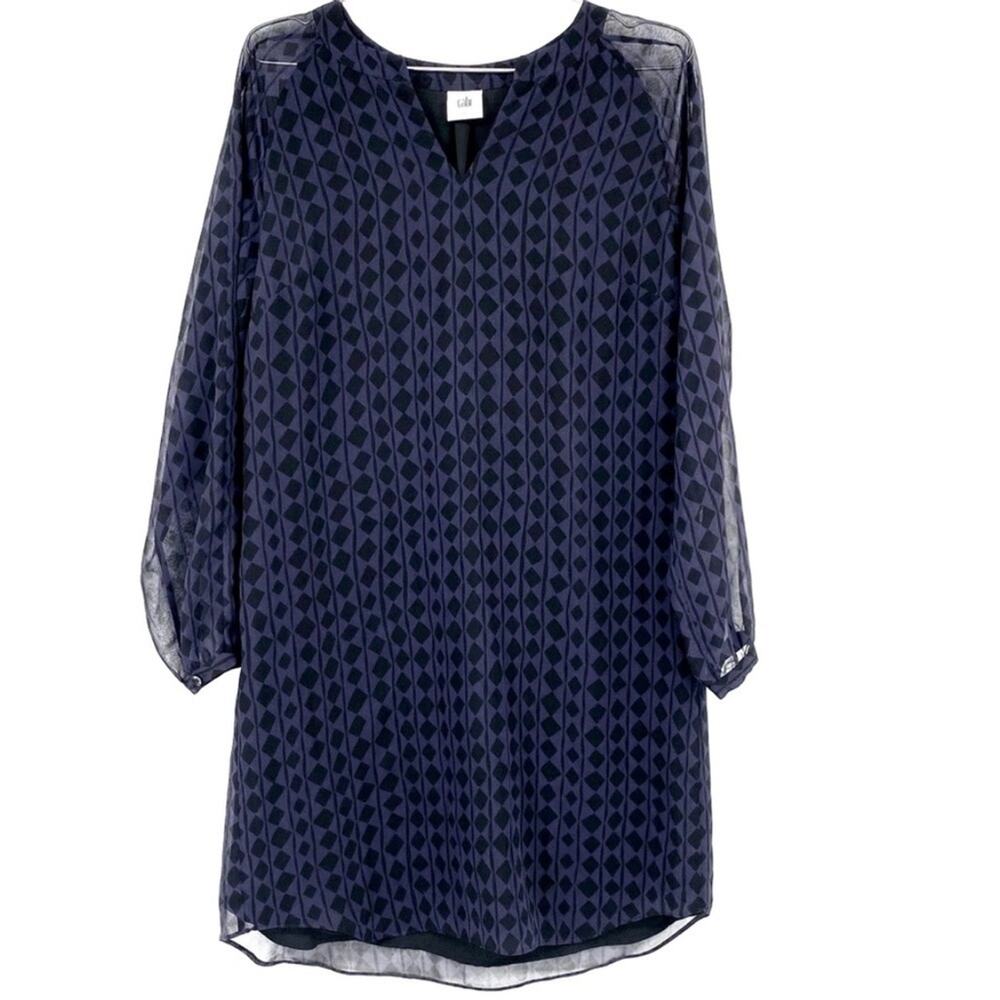 Cabi Harlequin Purple & Black Print Sheer Long Sleeve Shift Dress Small GUC - Picture 3 of 6